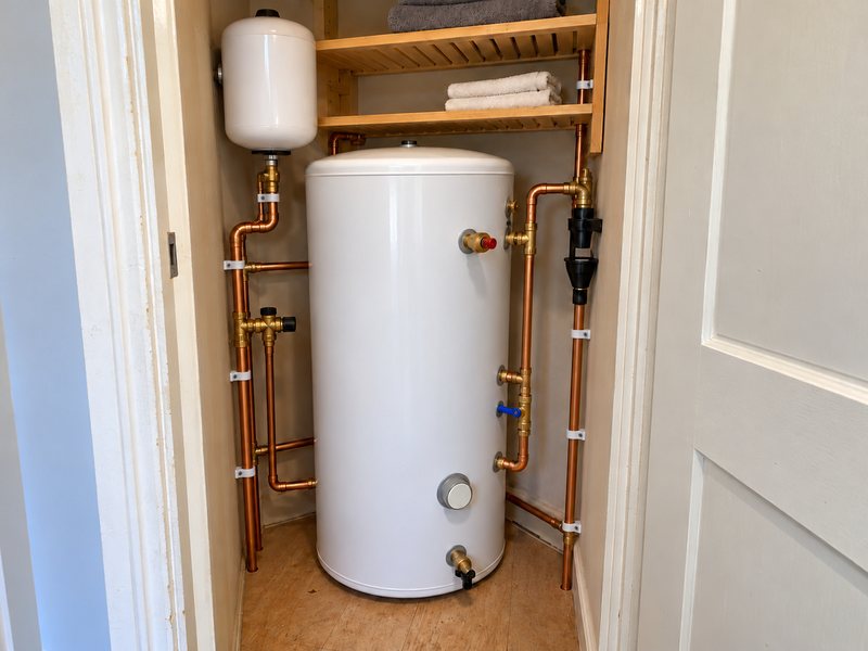 An unvented hot water cylinder in an airing cupboard with its expansion vessel, tundish and relief valve
